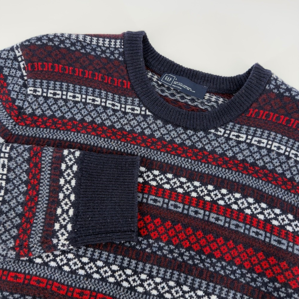 GAP Mens Large Fair Isle Crew Neck Sweater Lambswool Blend Navy Red White Y2K